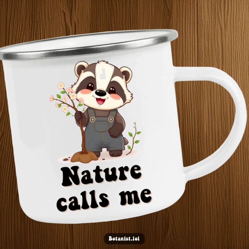 Funny Badger Camping Mug with a happy badger in overalls, humorously pruning a tiny tree, perfect for outdoor adventures and a warm drink.