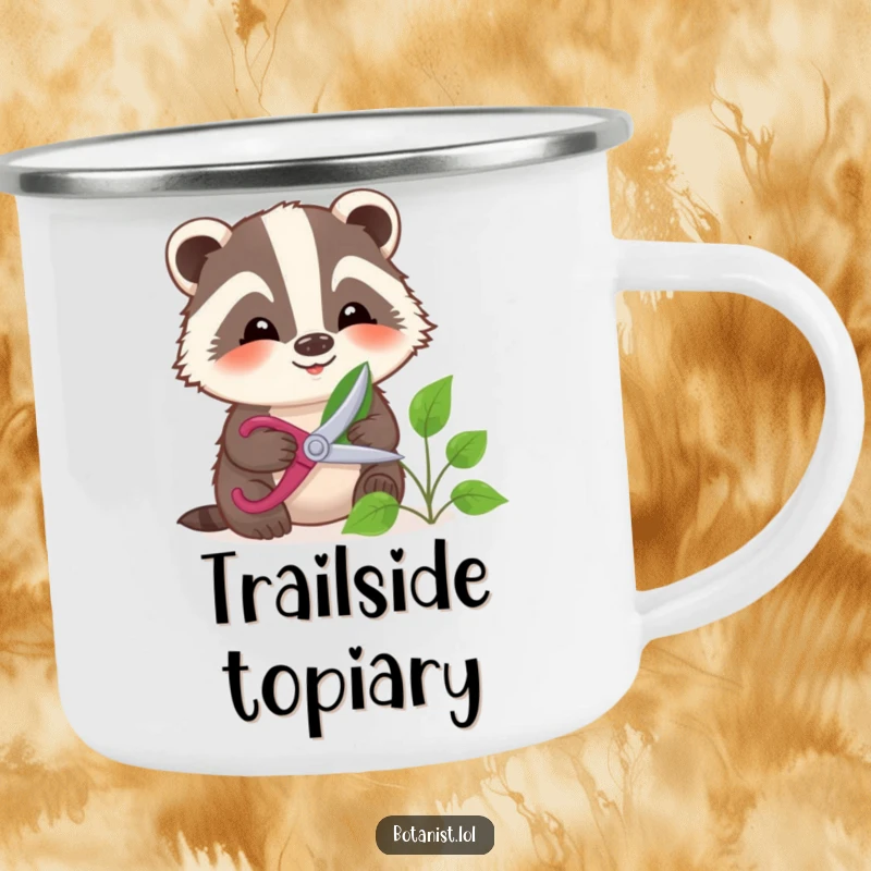 Funny badger gently pruning a leaf with shears, a rugged camping mug for outdoor enthusiasts.