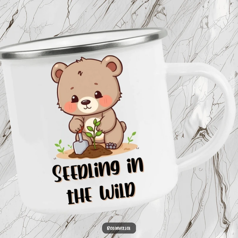 Funny determined bear cub planting a seed with a trowel, a humorous camping mug for outdoor tasks. Ideal gift.