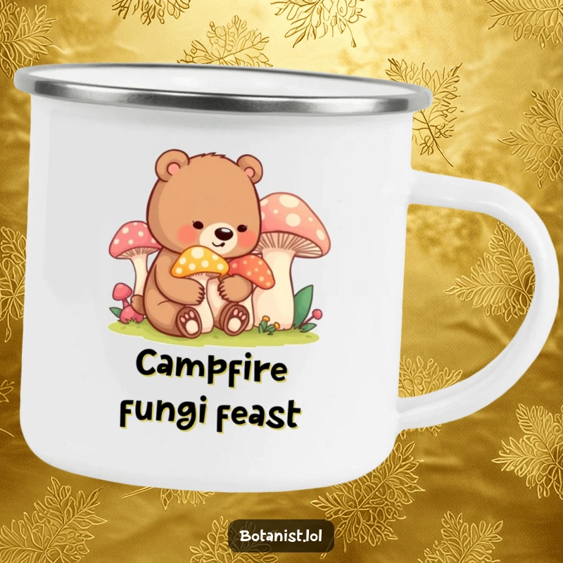 Funny bear cub mushroom camp mug, featuring a content cub tending mushrooms, ideal for outdoor drinks and whimsy.