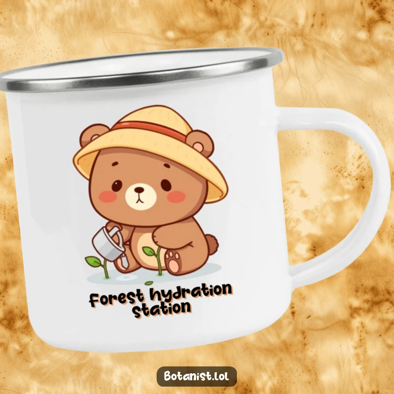 Funny bear gardener camping mug featuring a cheerful bear in a straw hat watering a tiny sprout, ideal for outdoor enthusiasts.