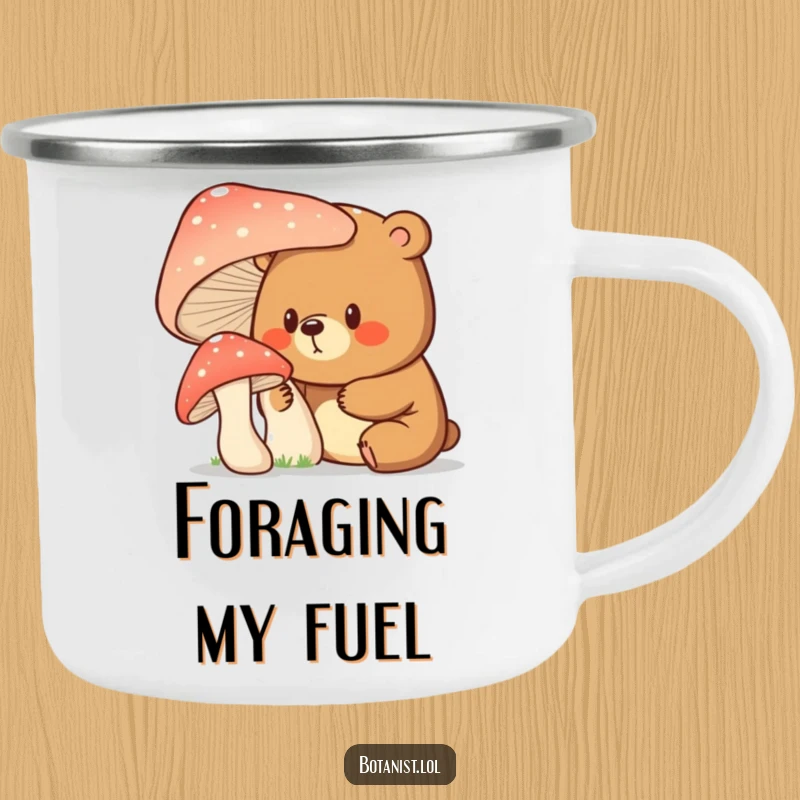 Funny bear with a surprised and curious expression examining a giant mushroom, designed for this sturdy and whimsical camping mug.