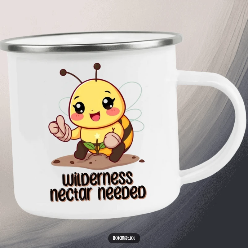 Funny bee gardener camping mug, showing a happy bee in gloves planting a tiny sparkling seed, ideal for outdoor enjoyment.