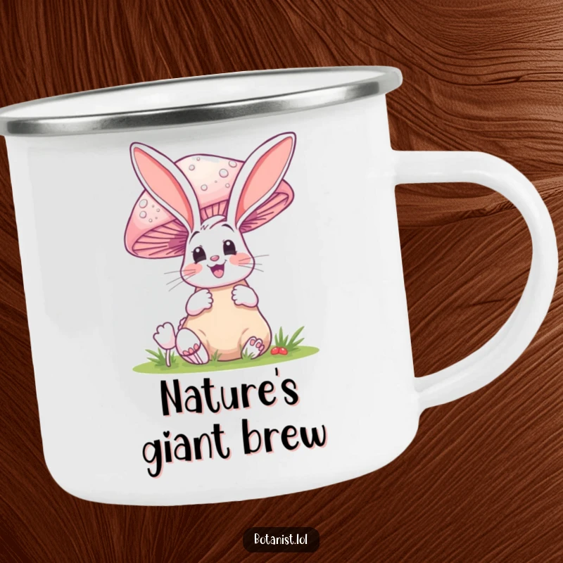 Funny camping mug of a happy bunny gasping at an enormous mushroom, perfect for outdoor use.