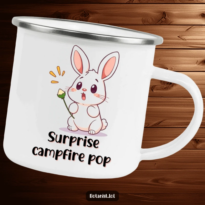 Funny camping mug with a surprised bunny, startled by a popping seed pod, built for adventures and lighthearted enjoyment.