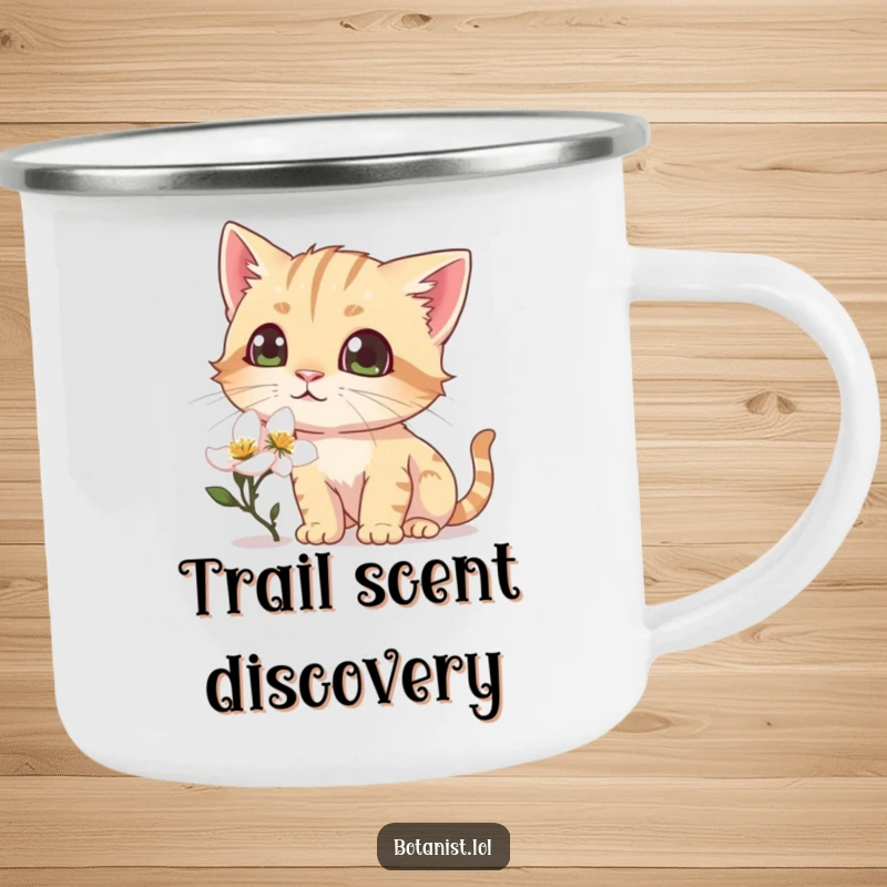 Funny camping mug illustration of a curious cat sniffing a dewy blossom, eyes wide with delightful discovery.