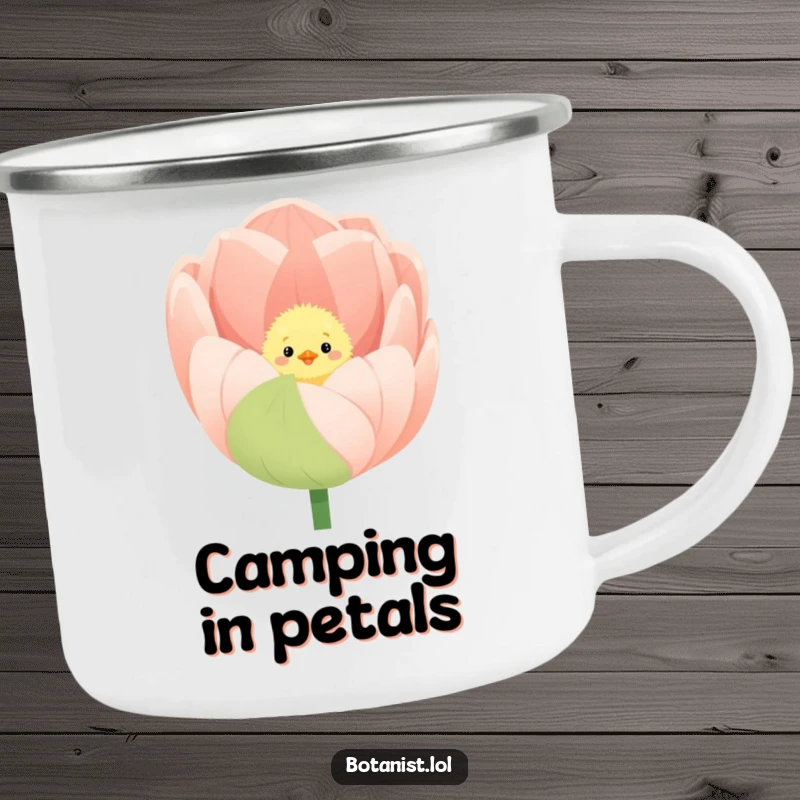 Funny camping mug illustration of a fluffy chick peeking from a giant, blooming tulip.
