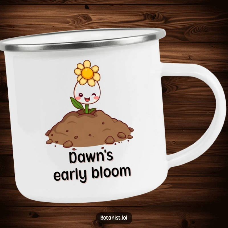 Funny camping mug illustration of a delighted flower bud peeking from soil with a sunny expression in an outdoor setting.
