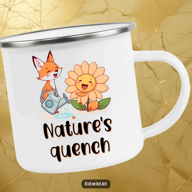 Cute, funny fox with a watering can, tending to a giant, smiling flower, designed for outdoor fun on a camping mug.