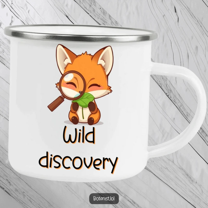 Funny camping mug featuring a fox peering through a magnifying glass at a dewdropped leaf, bringing curious humor to outdoor adventures.