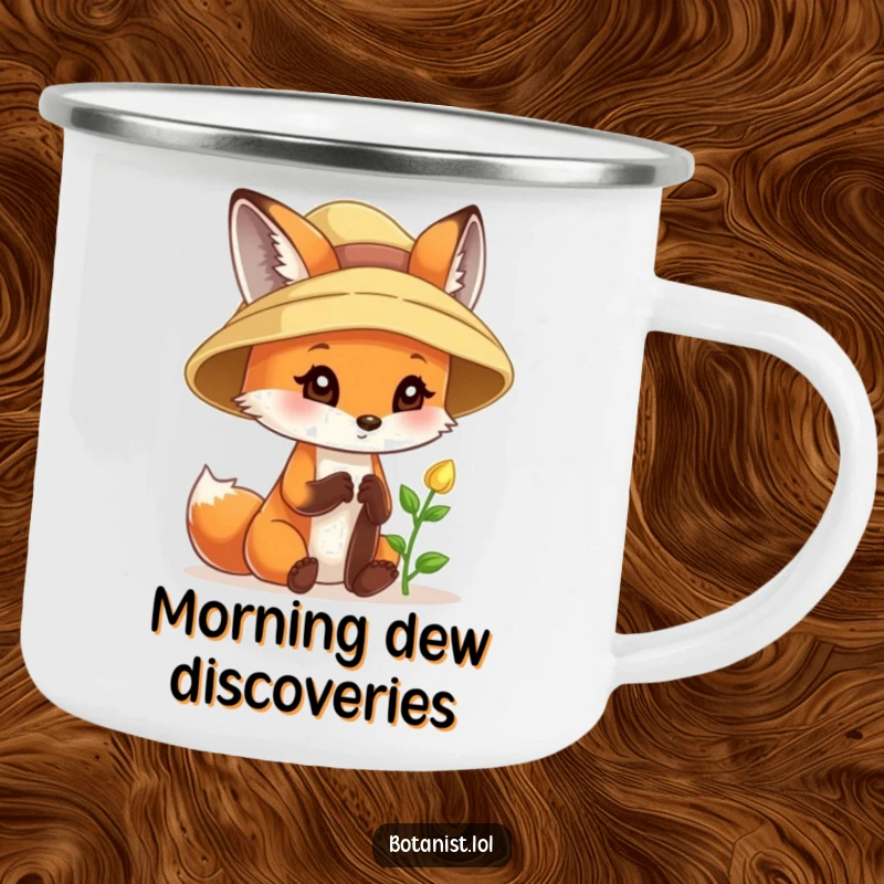 Funny fox camping mug, wearing a sunhat, curiously examining a tiny sprout with delight outdoors.