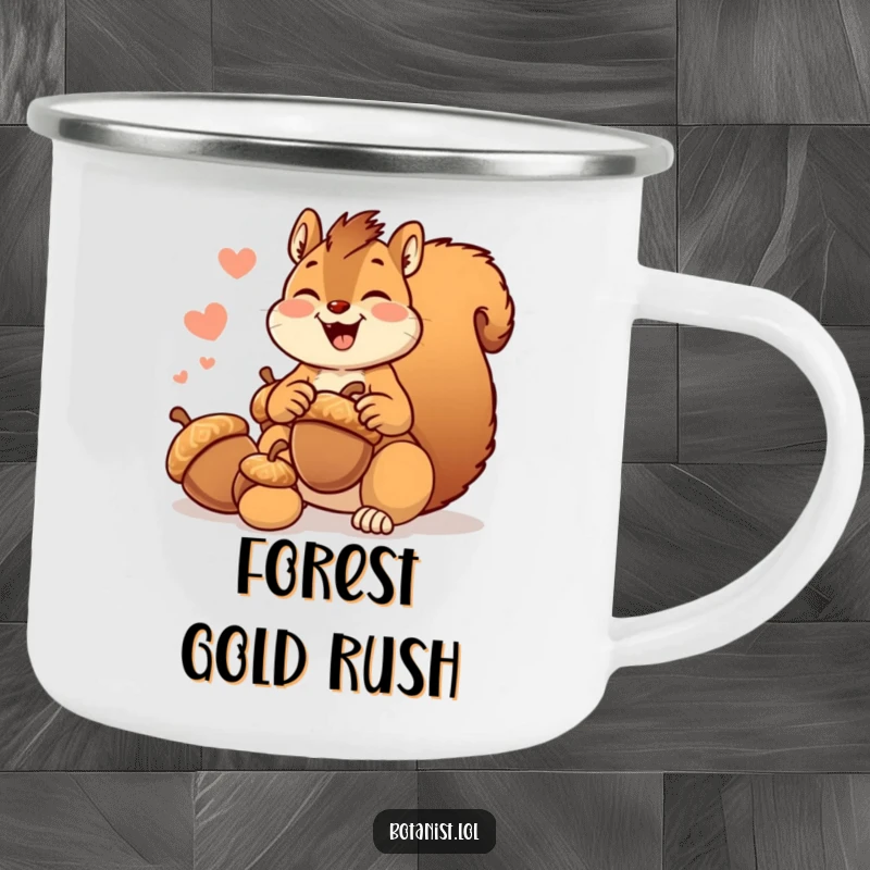 Funny giggling squirrel camping mug, joyfully hoarding acorns, a durable and humorous outdoor companion.