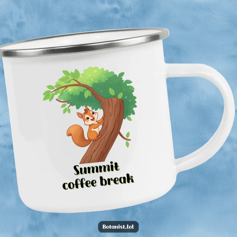 Funny camping mug featuring a giggling squirrel climbing a tall tree, durable and charming for outdoor adventures and humor enthusiasts.