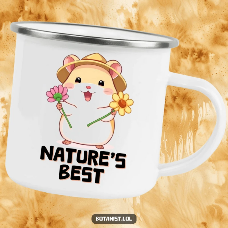 Funny camping mug featuring a chubby hamster in a straw hat, excitedly presenting a blooming flower, bringing cheerful humor to outdoor moments.