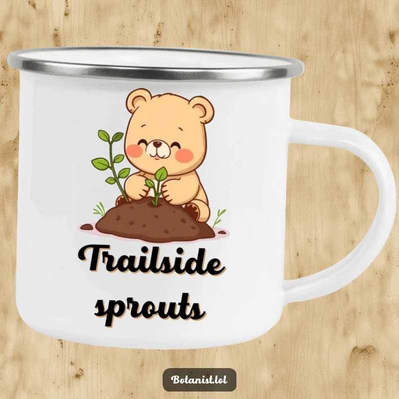 Funny camping mug featuring a happy bear cub planting a seedling, durable and charming for outdoor adventures and gardeners.