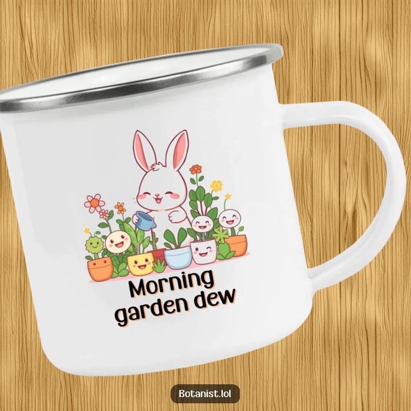 Funny rabbit gardener camping mug, a giggling rabbit watering large smiling plants, for outdoor enjoyment and cheer.