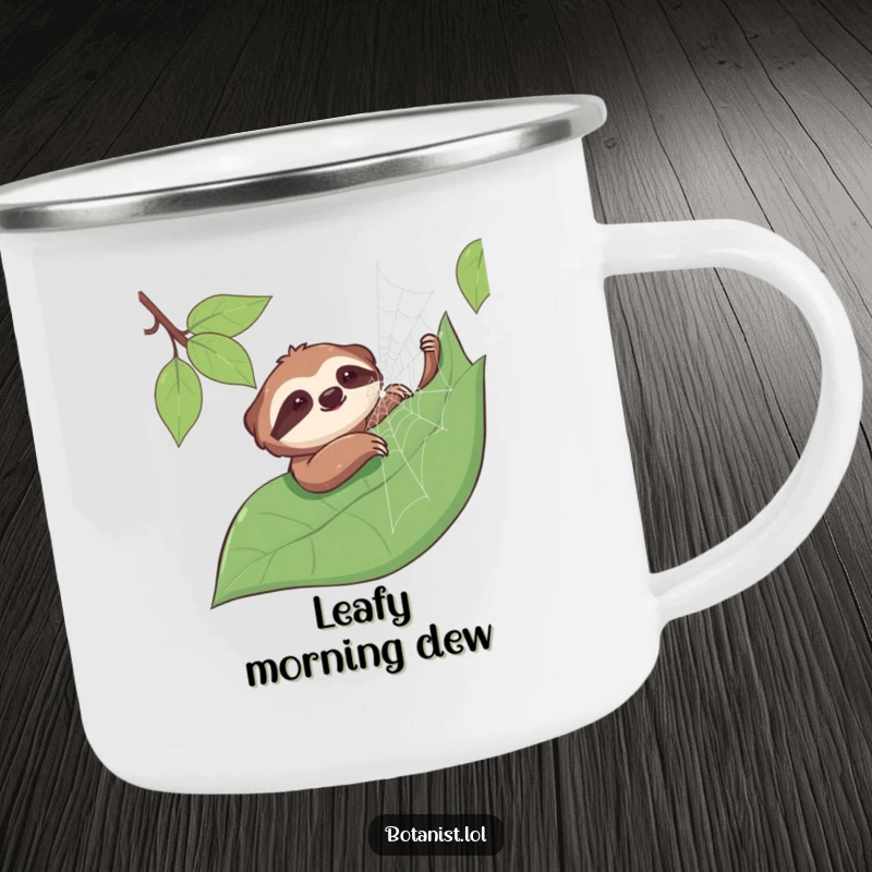 Funny sloth camping mug with a smiling sloth gently stroking a dewy spiderweb on a leaf, designed for relaxed outdoor enjoyment.