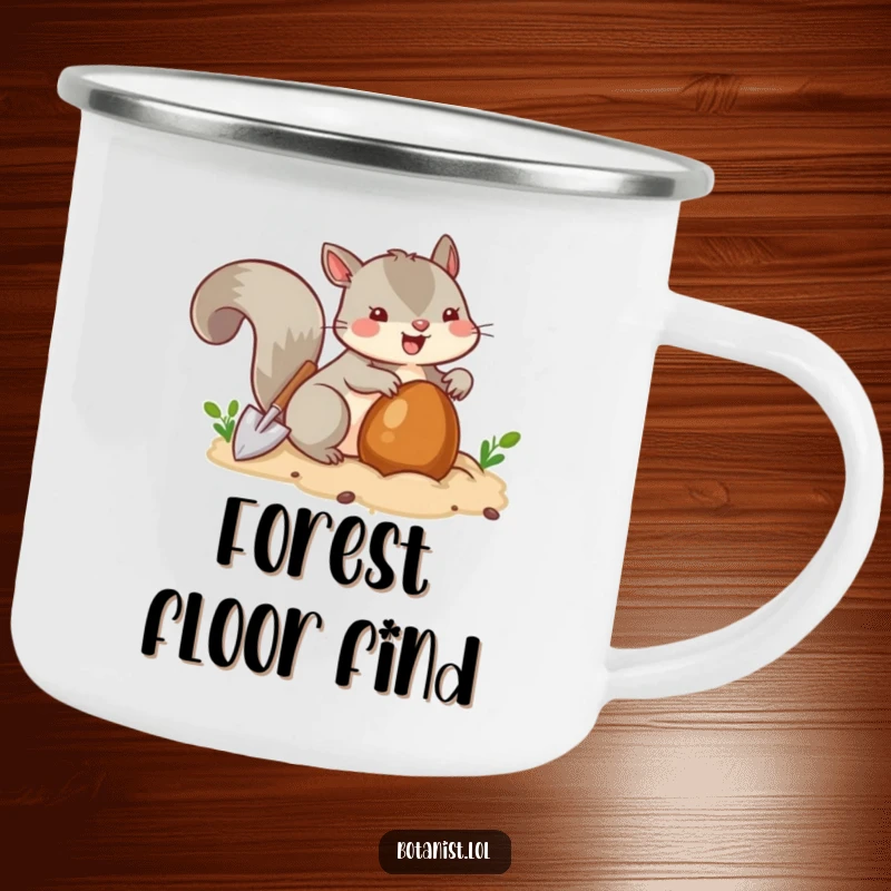 Funny squirrel burying a nut with a tiny shovel, a rugged camping mug for outdoor adventures.
