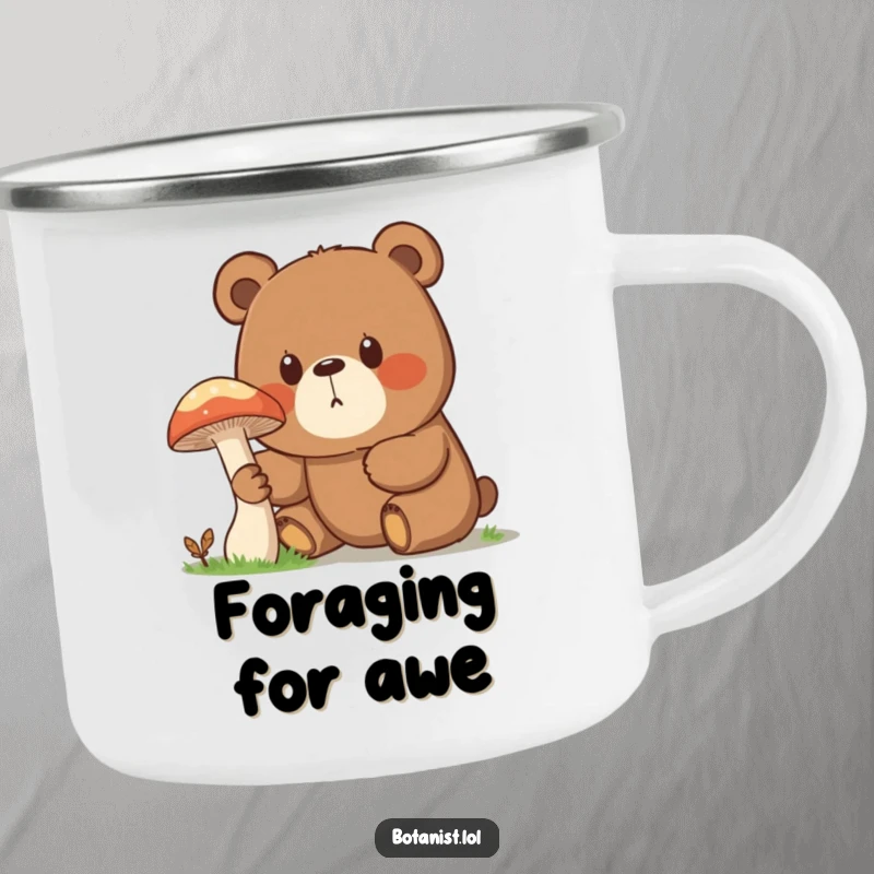 Funny camping mug featuring a surprised bear with a curious expression, inspecting a giant mushroom, perfect for enjoying drinks in nature with humor.