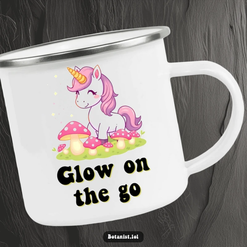 Funny Unicorn Camping Mug with a magical scene of a unicorn sprinkling pixie dust over glowing mushrooms, for outdoor enthusiasts.