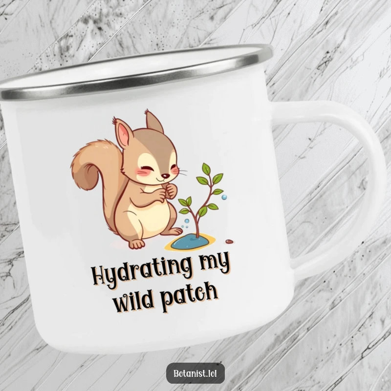 Funny camping mug showing a curious squirrel watering a minuscule sapling, perfect for nature lovers.