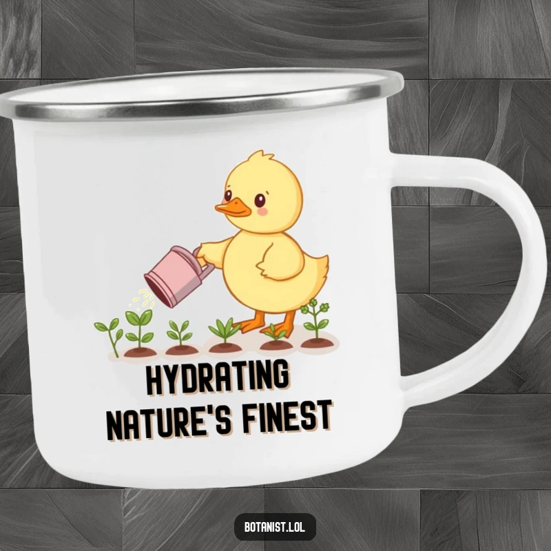 Funny camping mug: A determined duckling waters a miniature garden with a watering can. Rugged and funny gift for nature lovers.