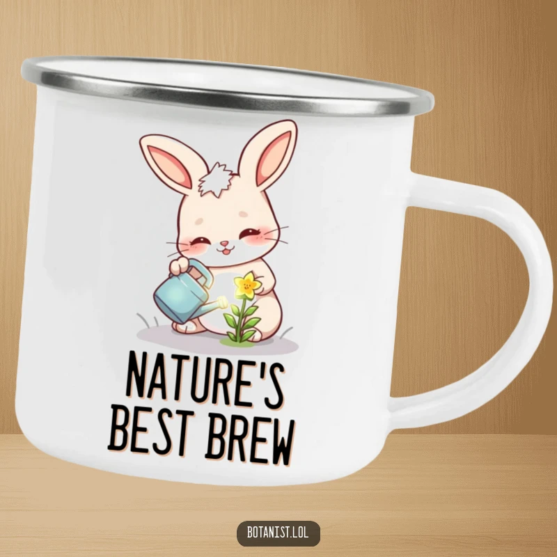 Funny camping mug showing a cheerful bunny determinedly watering a tiny, glowing flower, ideal for nature lovers.