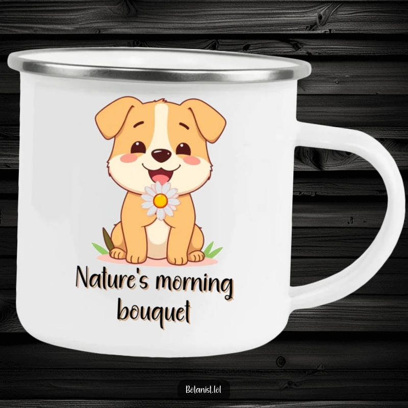Funny Dog Camping Mug: A joyful dog offers a delicate daisy, ideal for enjoying nature's beauty with a touch of puppy love.
