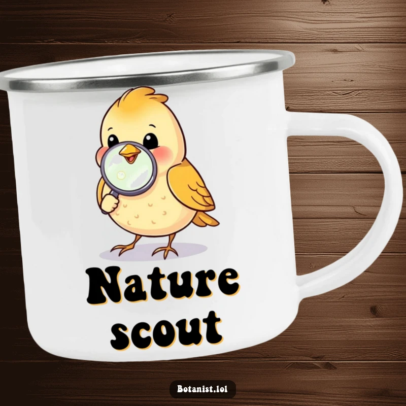 Funny bird inspecting a dewdrop with a magnifying glass, a rugged camping mug for adventurers.