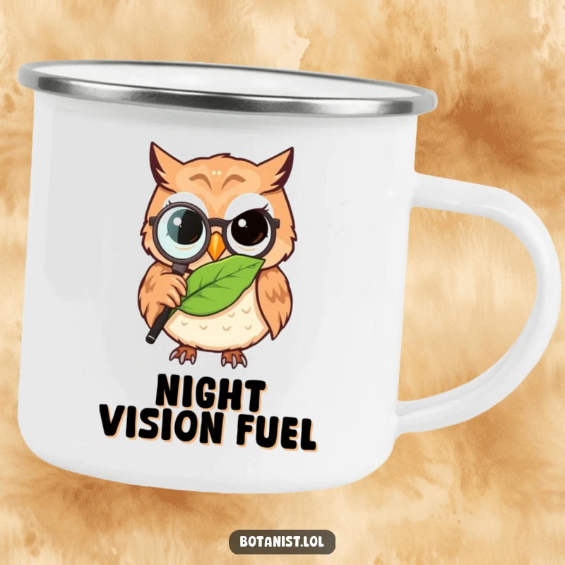 Funny owl detective camping mug, a determined owl with a magnifying glass examining a detailed leaf, for outdoor observation.