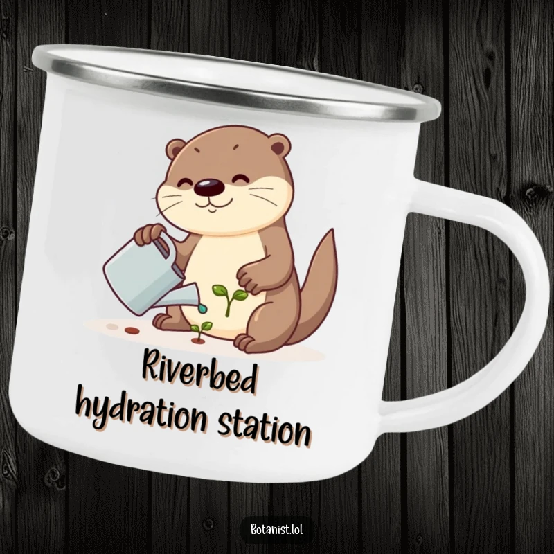 Funny camping mug showing a cute otter watering a small plant, embodying outdoor fun and garden humor for adventurers.