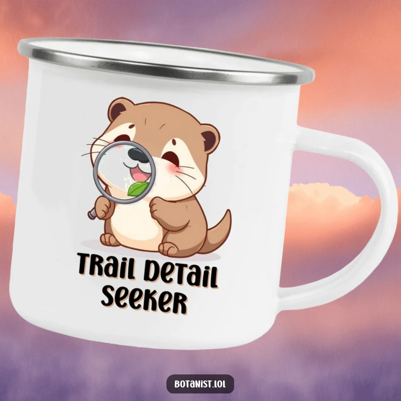 Funny delighted otter camping mug, peering through a magnifying glass, a durable and humorous outdoor companion.