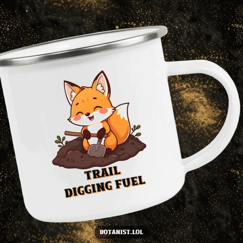Funny fox gardener camping mug, a joyful fox holding a trowel and digging in rich dark soil, for outdoor enjoyment.