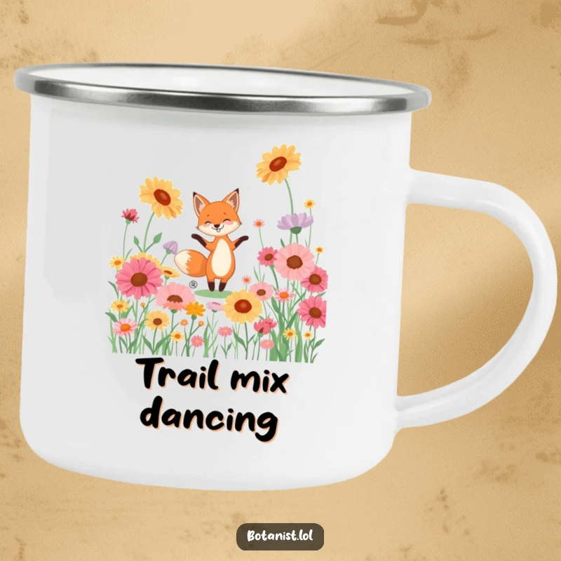 Funny camping mug of a playful fox dancing in a field of giant, colorful wildflowers, ideal for outdoors.