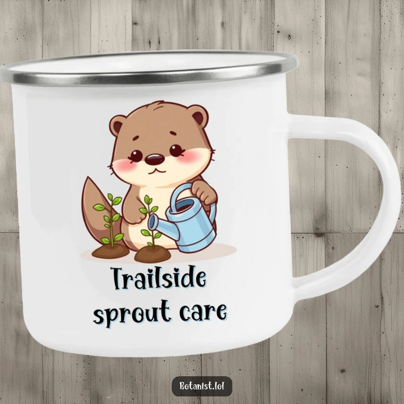 Funny camping mug featuring a playful otter with a tiny watering can watering a smiling seedling, perfect for enjoying drinks outdoors with humor.