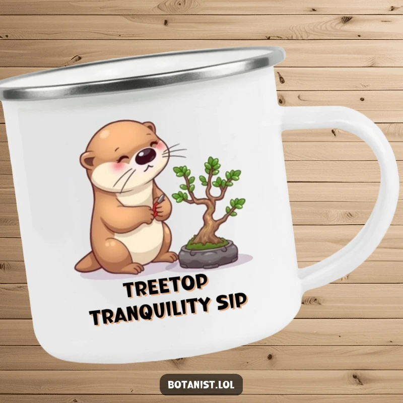 Funny otter bonsai camp mug, featuring a diligent otter pruning a bonsai tree, ideal for outdoor drinks and humor.