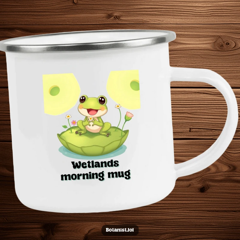 Funny camping mug featuring a delighted frog on a giant lily pad inspecting tiny flowers, perfect for enjoying drinks outdoors with humor.