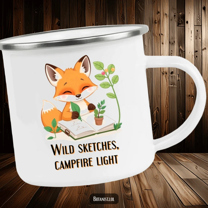 Funny camping mug featuring a fox sketching plants, ideal for outdoor artists and a humorous gift.