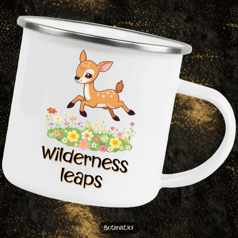 Funny Deer Camping Mug showing a graceful deer leaping over a vibrant field of wildflowers, designed for outdoor enthusiasts.