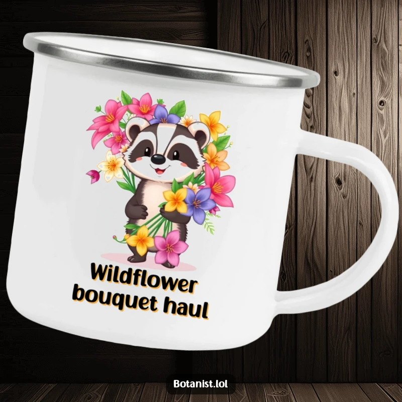 Funny happy badger camping mug carrying a huge flower bouquet, a durable and humorous outdoor companion.