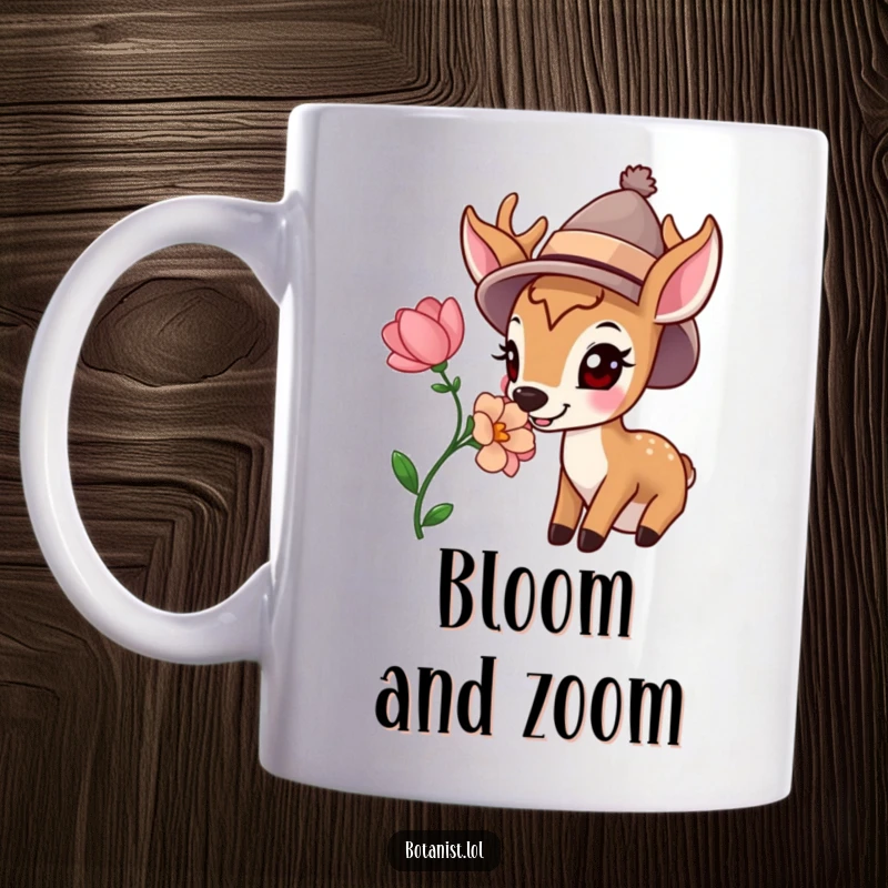 Funny mug depicting a happy deer wearing a stylish hat, curiously sniffing a vibrant, freshly cut flower, embodying gentle delight.