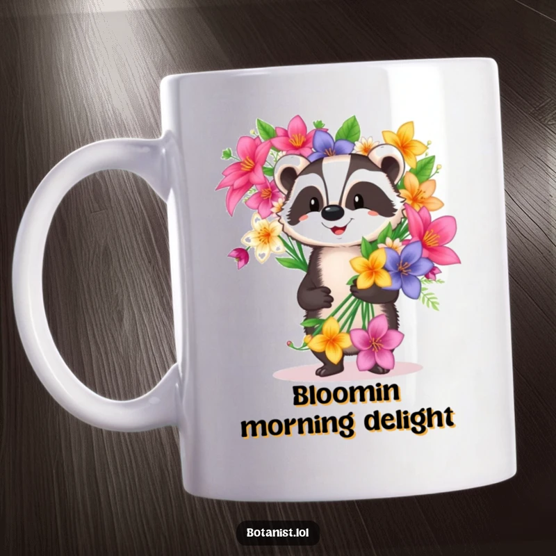 Funny happy badger mug carrying a huge bouquet of exotic flowers with a proud smile, embodying joy.