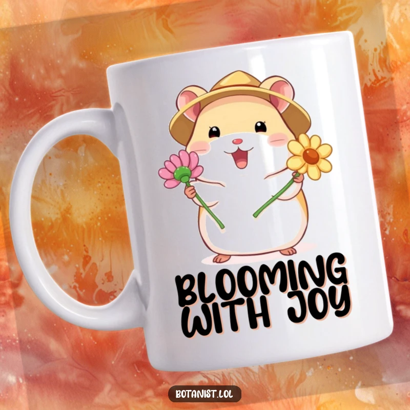 Funny mug displaying a chubby hamster in a straw hat, excitedly presenting a blooming flower, radiating happiness and natural charm.