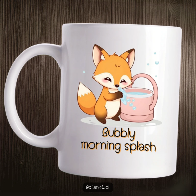 Funny curious fox mug dipping paw into bubbly water from a giant watering can, expressing playful wonder.
