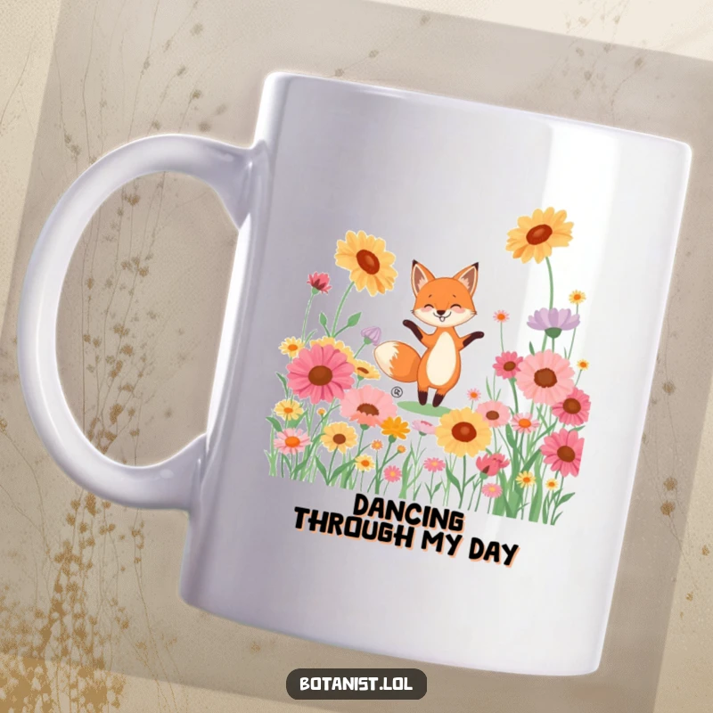 Funny mug showing a playful fox joyfully dancing in a meadow filled with giant, colorful wildflowers.
