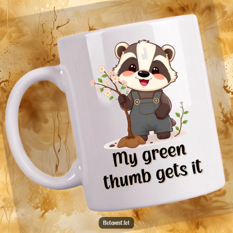 Funny Badger Gardener Mug showing a happy badger in overalls carefully pruning a small, blooming tree, a delightful and humorous scene.
