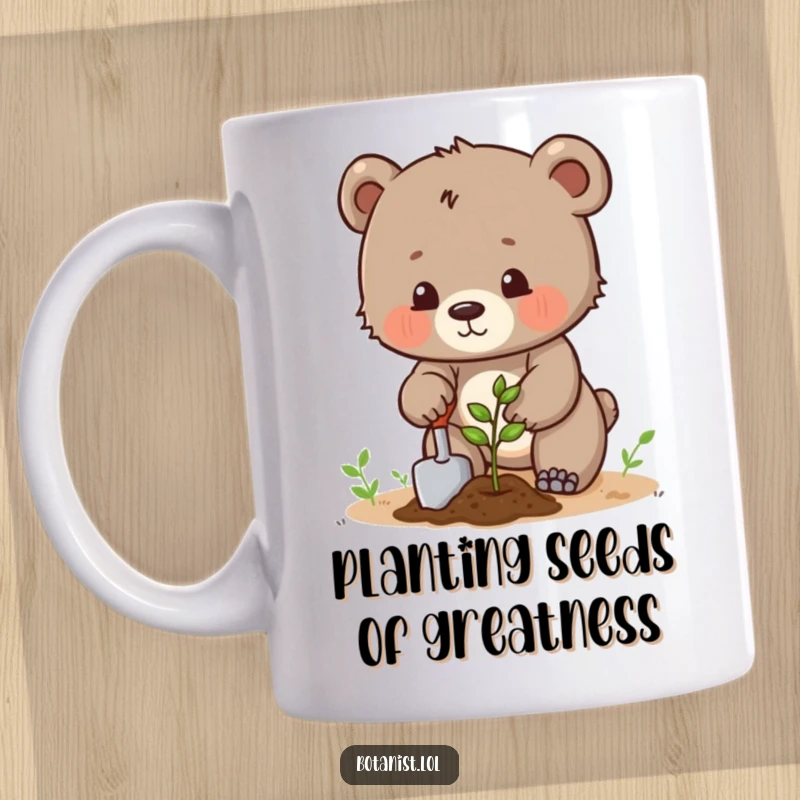 Funny determined bear cub planting a seed with a trowel, showing focus and effort. A great gift.