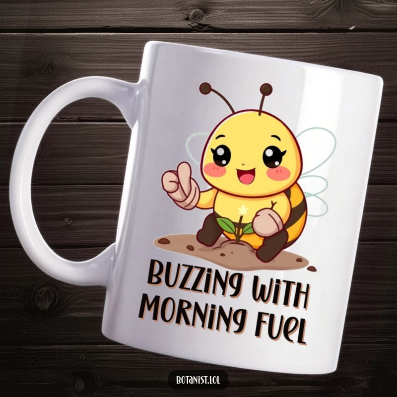 Funny bee gardener mug, wearing gloves, happily planting a tiny sparkling seed, bringing joy and humor to your kitchen.