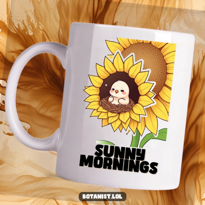 Funny mug featuring a small bird nestled cozily in a giant sunflower, looking happy and content in its natural haven.