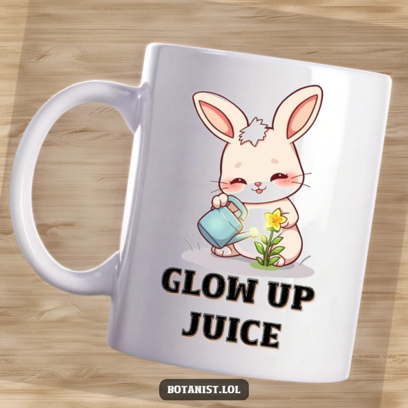 Funny mug showing a cheerful bunny with a determined expression, watering a tiny, magical, glowing flower.